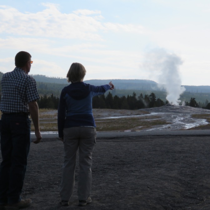 Viewing Old Faithful before she erupts with Colleen our guide